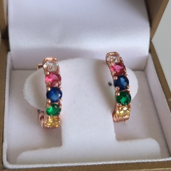 Gorgeous Vintage Rose Gold Rainbow Gemstone Crystal Hoop Earrings Multicolour - Picture 1 of 12